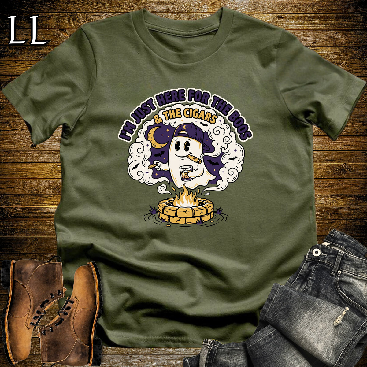 Boos & Cigars Ghost Fire Pit Bourbon Cigar T-Shirt Military Green | Ghost Bourbon Cigar Shirt