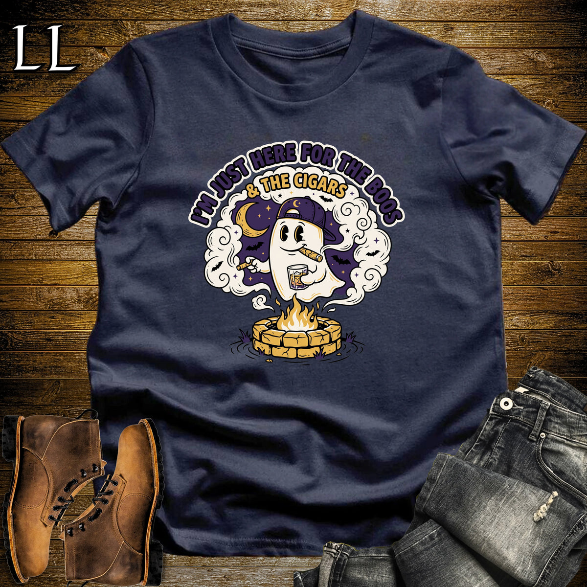 Boos & Cigars Ghost Fire Pit Bourbon Cigar T-Shirt Navy | Ghost Bourbon Cigar Shirt