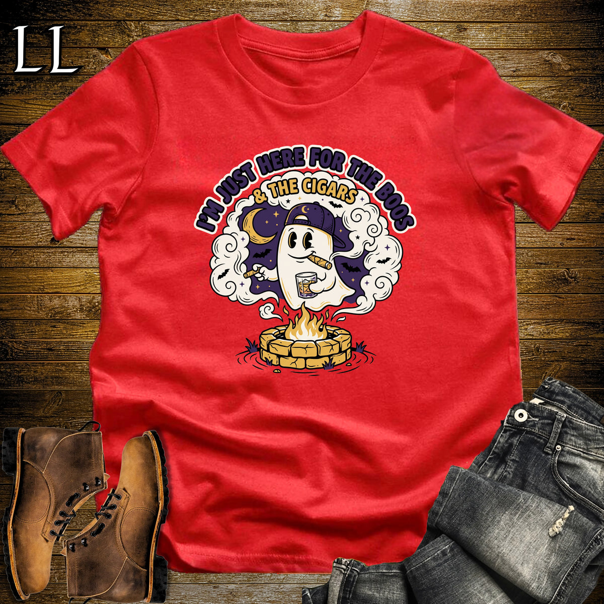 Boos & Cigars Ghost Fire Pit Bourbon Cigar T-Shirt Red | Ghost Bourbon Cigar Shirt