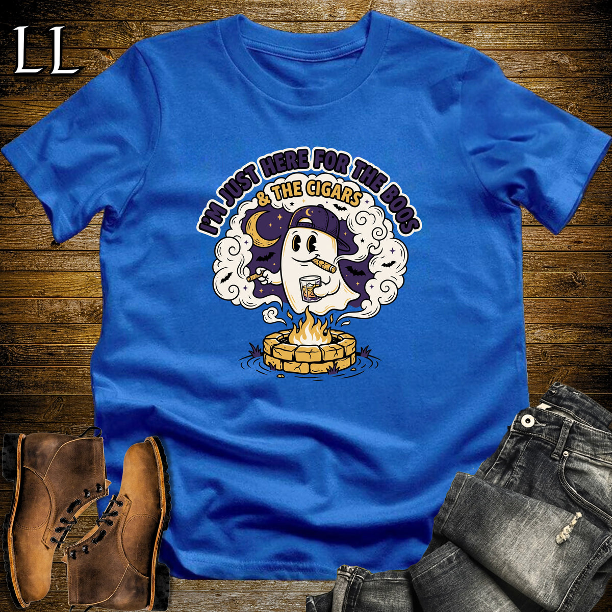 Boos & Cigars Ghost Fire Pit Bourbon Cigar T-Shirt Royal | Ghost Bourbon Cigar Shirt