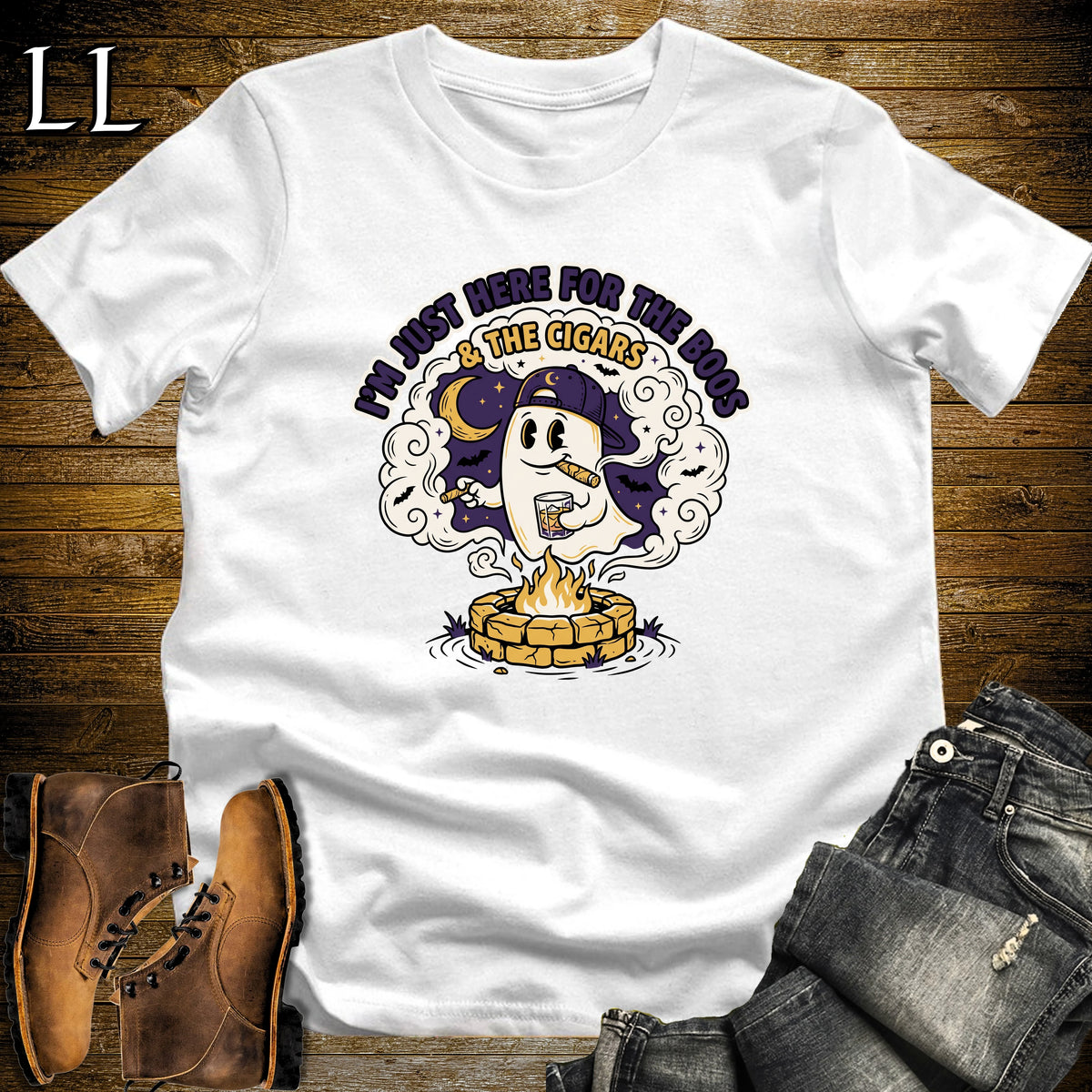 Boos & Cigars Ghost Fire Pit Bourbon Cigar T-Shirt White | Ghost Bourbon Cigar Shirt