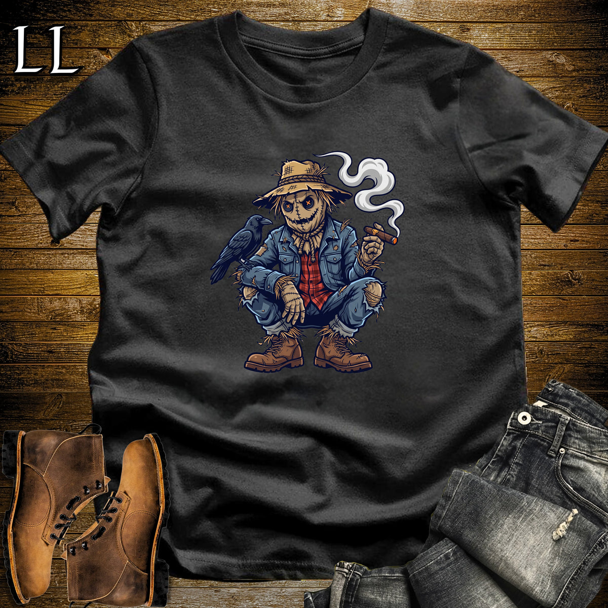Burlap Scarecrow Crow Cigar T-Shirt Black | Burlap Scarecrow Cigar Tee