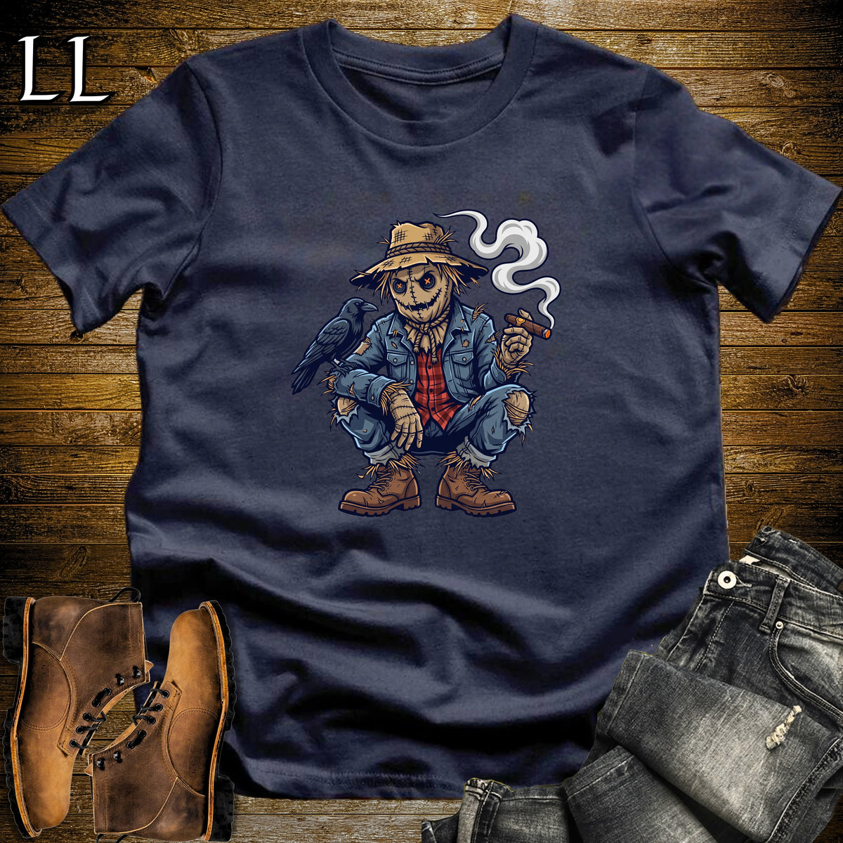 Burlap Scarecrow Crow Cigar T-Shirt Navy | Burlap Scarecrow Cigar Tee