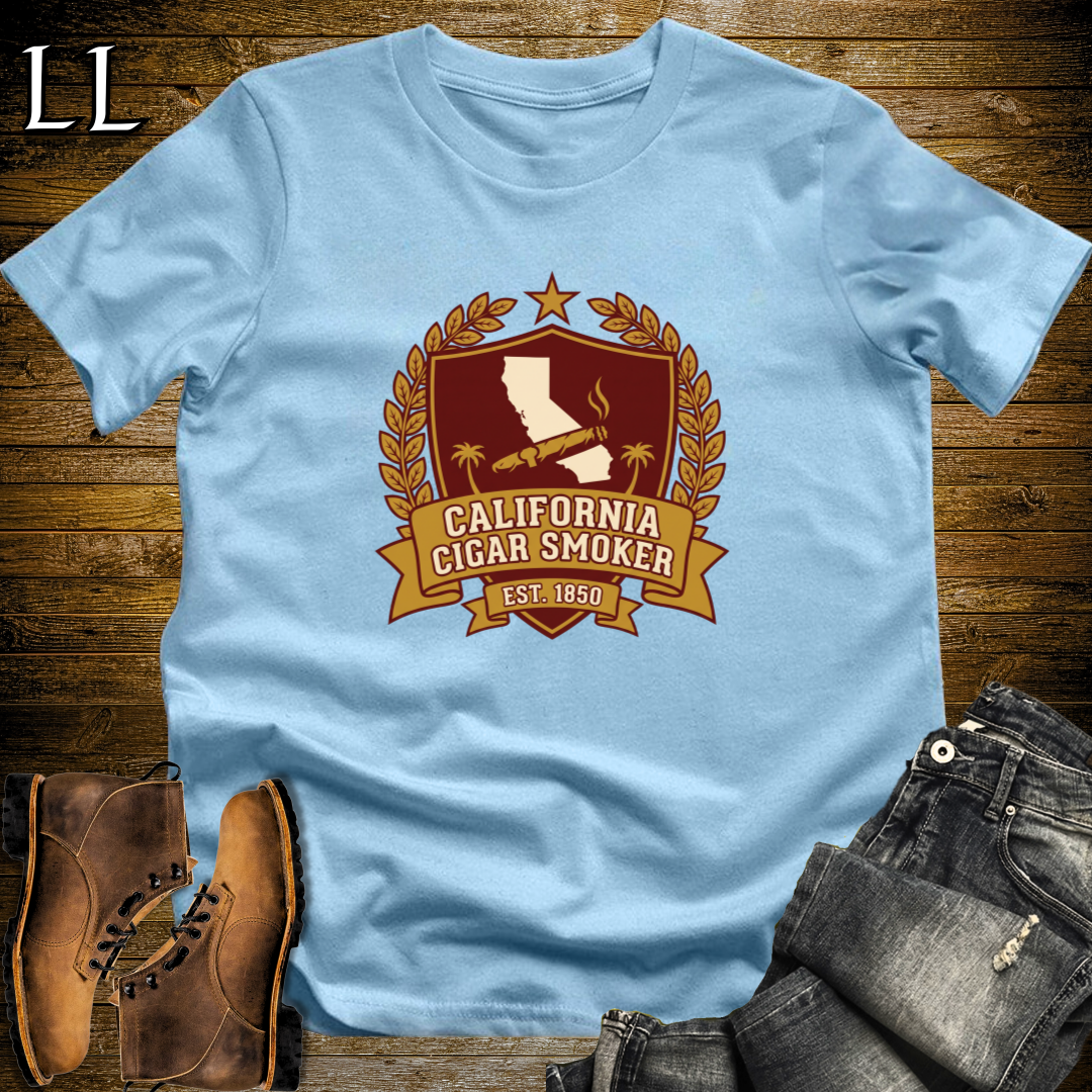 California Cigar Smoker Shield T-Shirt Light Blue | State Cigar Crest Shirt