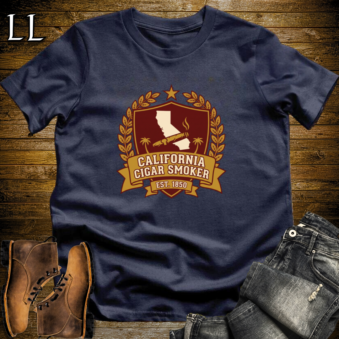 California Cigar Smoker Shield T-Shirt Navy | State Cigar Crest Shirt