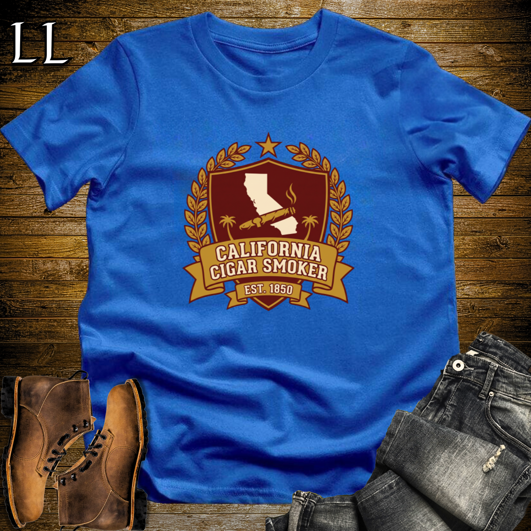 California Cigar Smoker Shield T-Shirt Royal Blue | State Cigar Crest Shirt