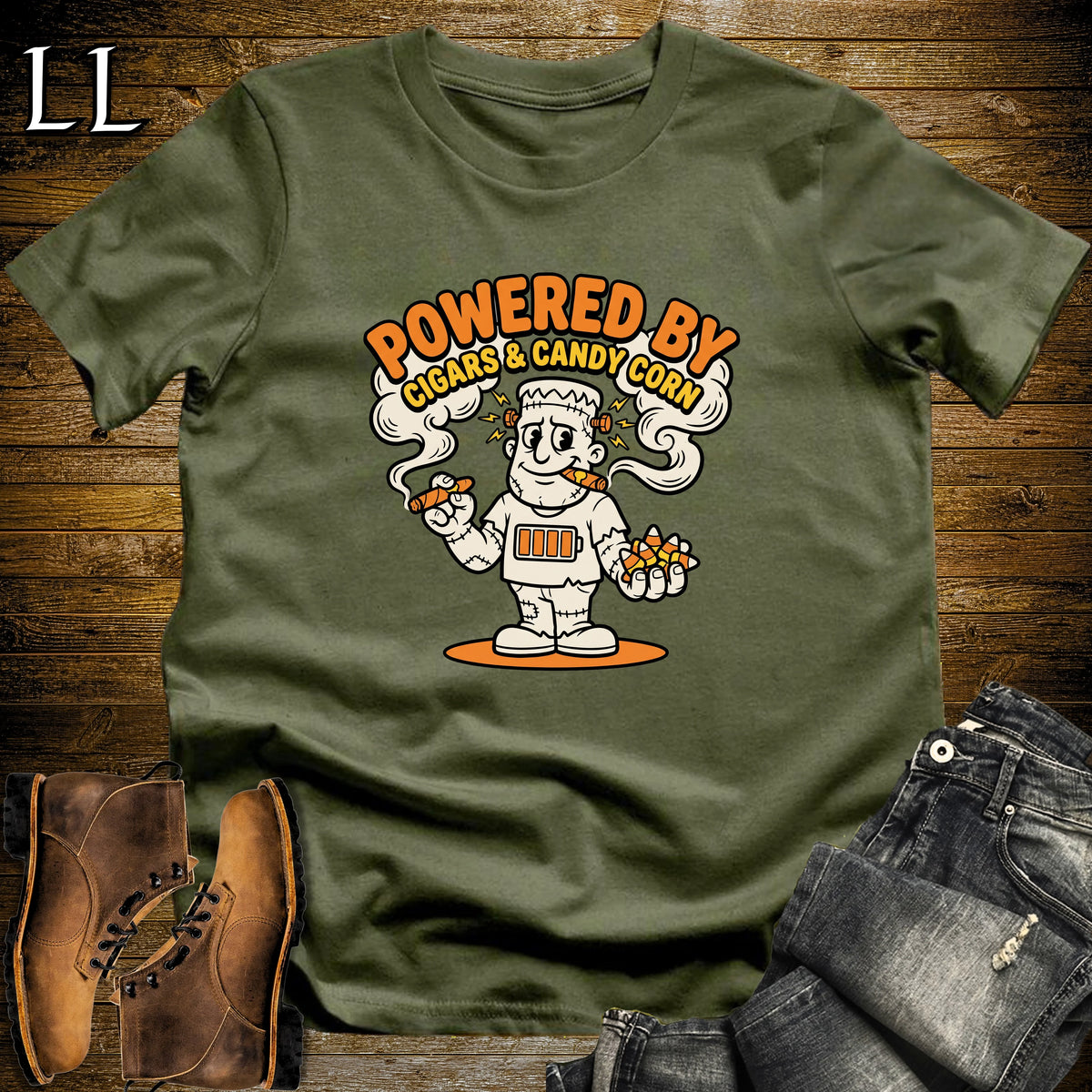 Candy Corn Stitched Monster Battery Cigar T-Shirt Military Green | Cigar Monster Shirt