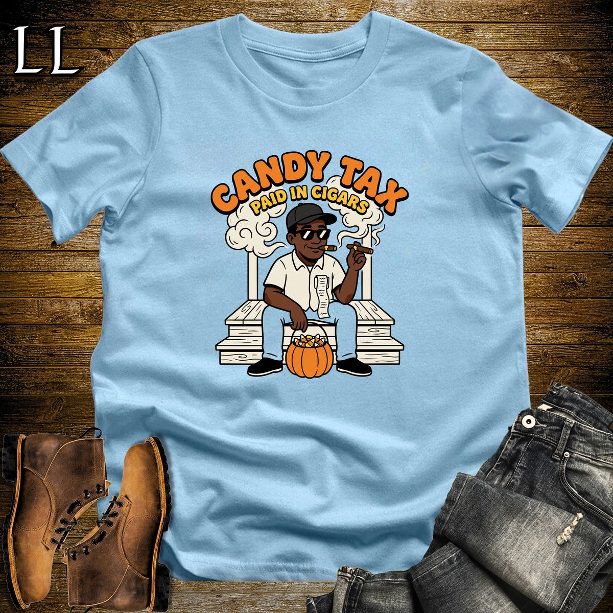 Candy Tax Front Porch Receipt Cigar Black Man T-Shirt Light Blue | Funny Halloween Cigar Shirt