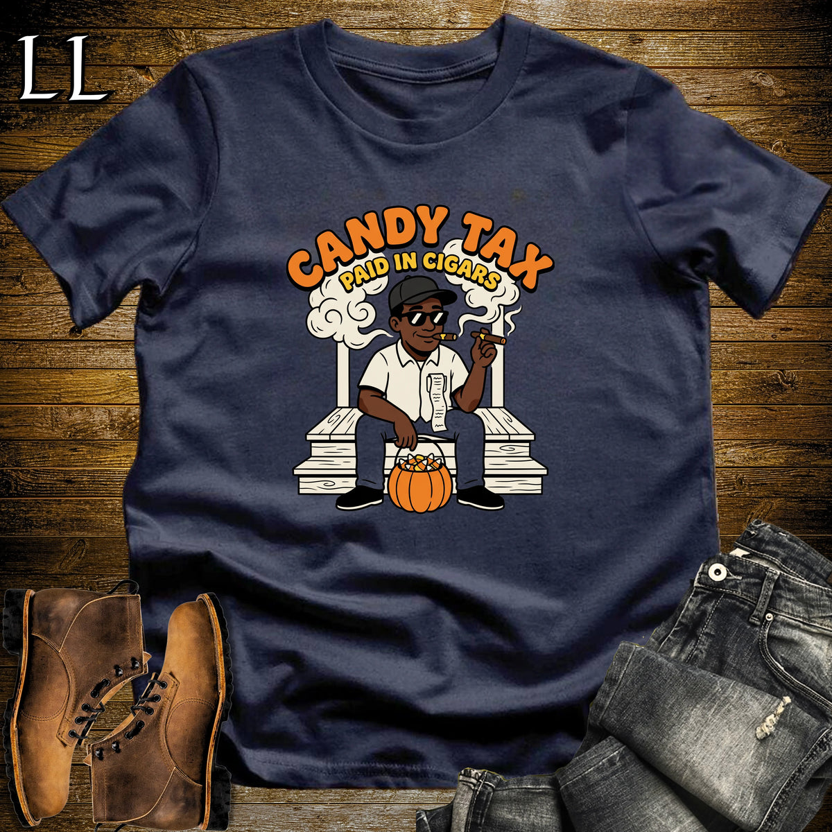 Candy Tax Front Porch Receipt Cigar Black Man T-Shirt Navy | Funny Halloween Cigar Shirt