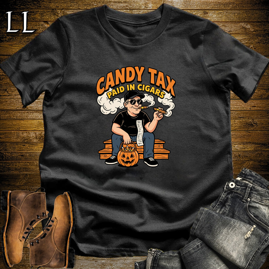 Candy Tax Front Porch Receipt Cigar White Man T-Shirt Black | Funny Halloween Cigar Shirt