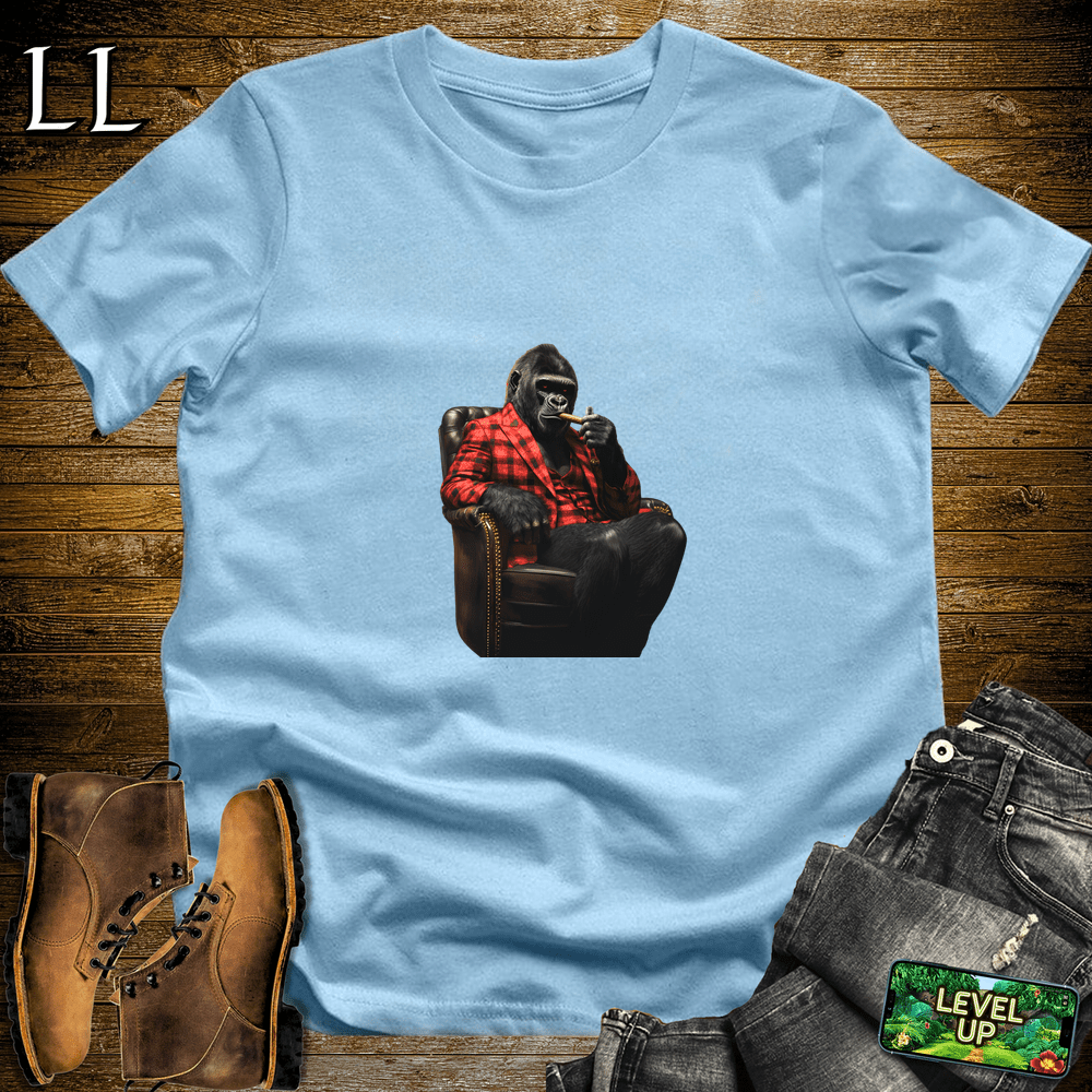 Gorilla in a checkered suit smoking a cigar graphic tee in Light Blue — by Legacy Layers