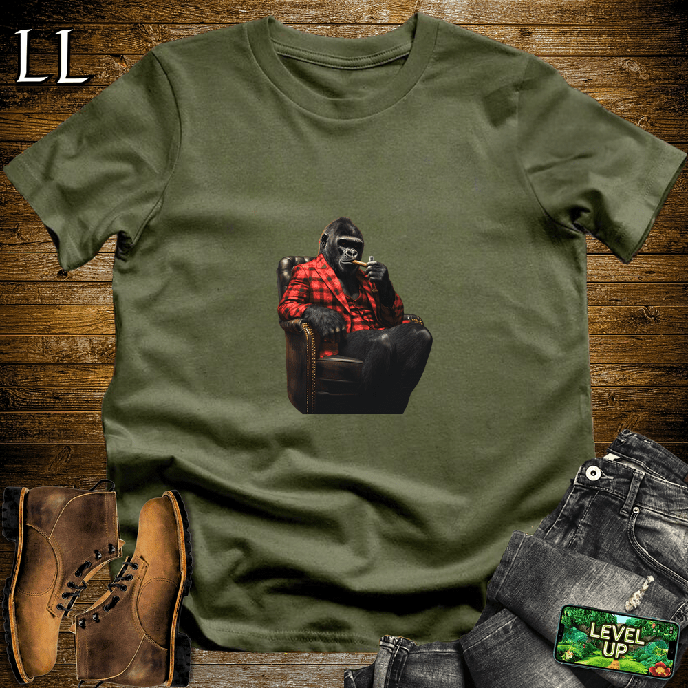 Gorilla in a checkered suit smoking a cigar graphic tee in Military Green — by Legacy Layers