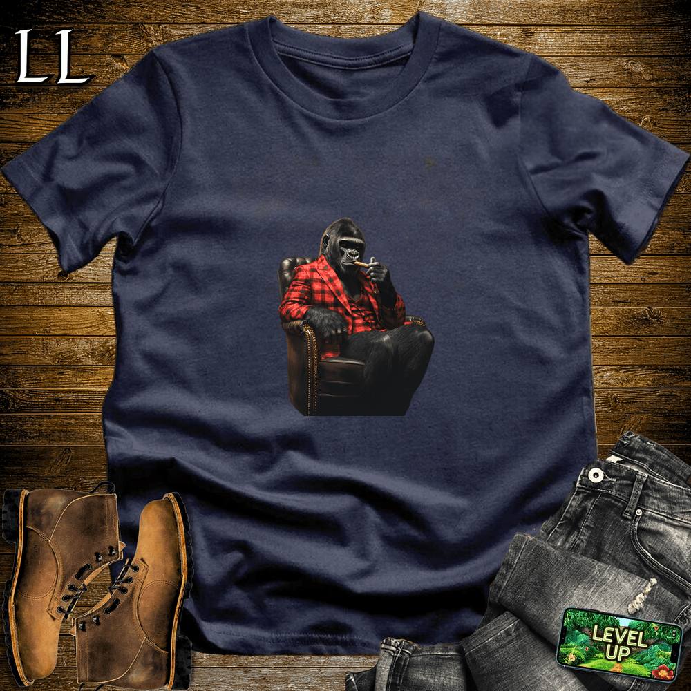 Gorilla in a checkered suit smoking a cigar graphic tee in Navy — by Legacy Layers