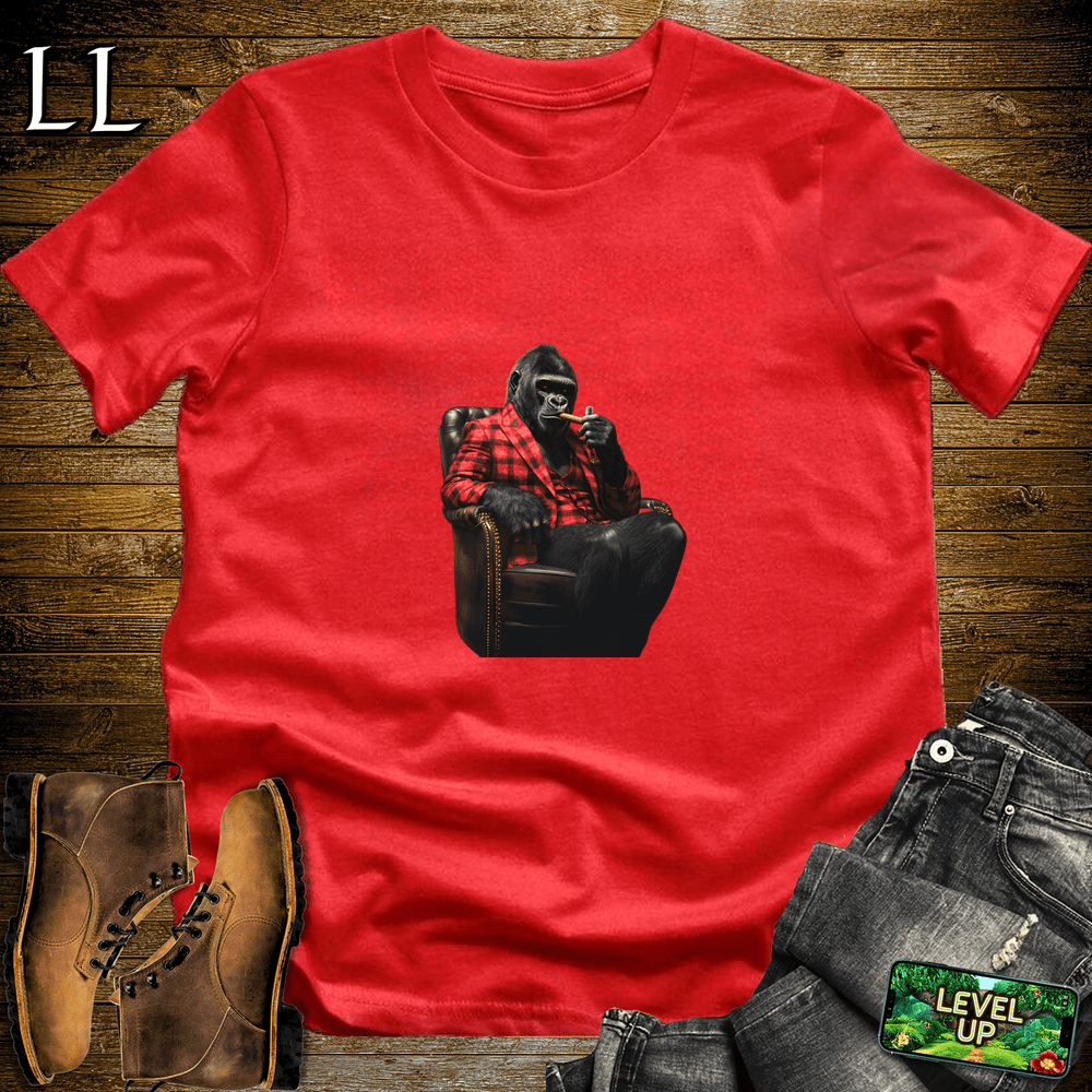 Gorilla in a checkered suit smoking a cigar graphic tee in Red — by Legacy Layers