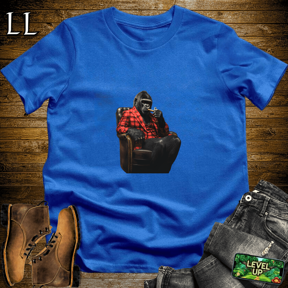 Gorilla in a checkered suit smoking a cigar graphic tee in Royal Blue — by Legacy Layers
