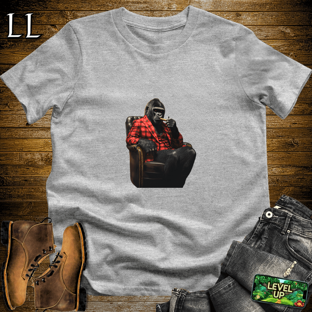 Gorilla in a checkered suit smoking a cigar graphic tee in Sport Grey — by Legacy Layers