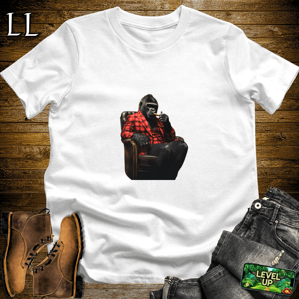 Gorilla in a checkered suit smoking a cigar graphic tee in White — by Legacy Layers