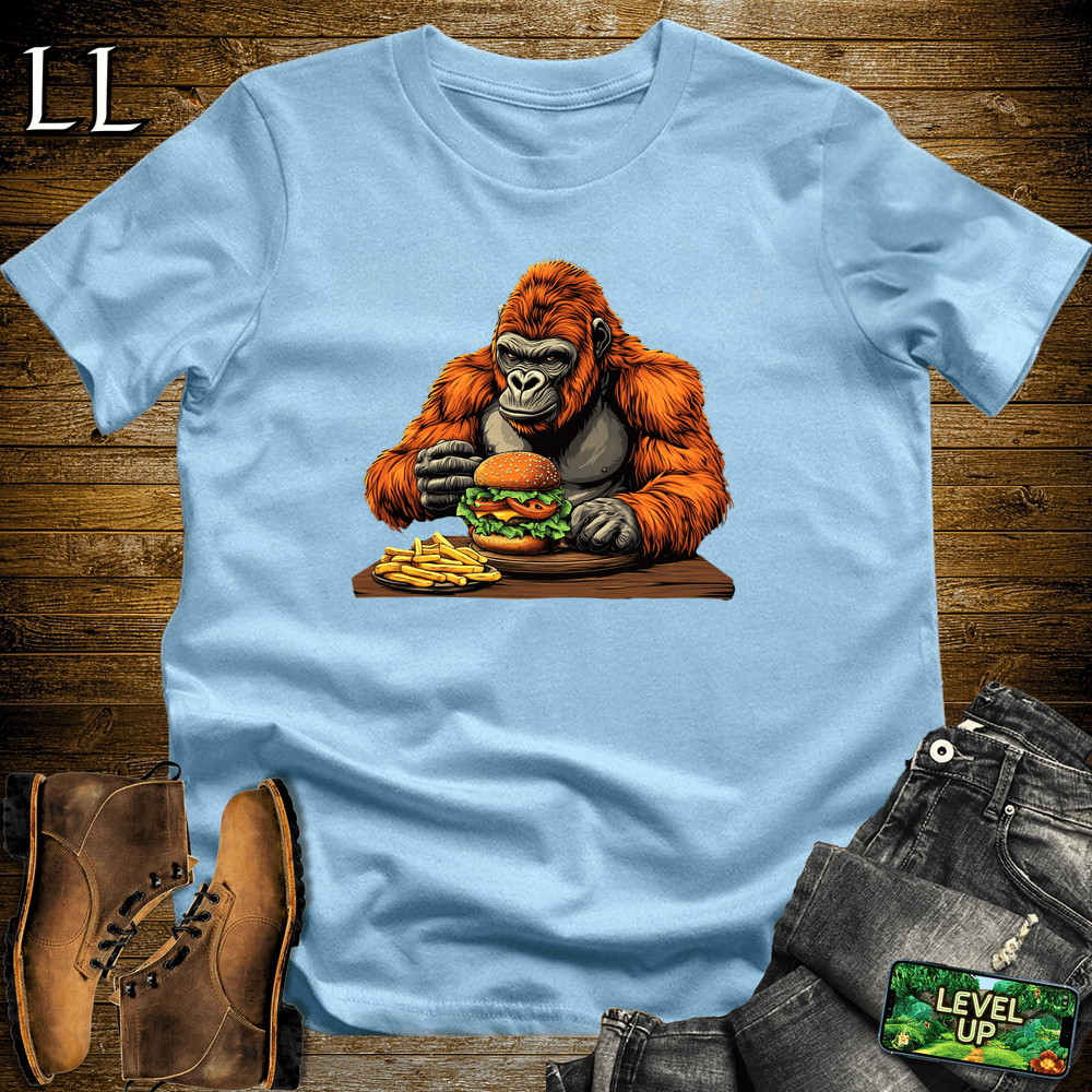 Cheeseburger Gorilla Light Blue | Funny Gorilla Food Tee