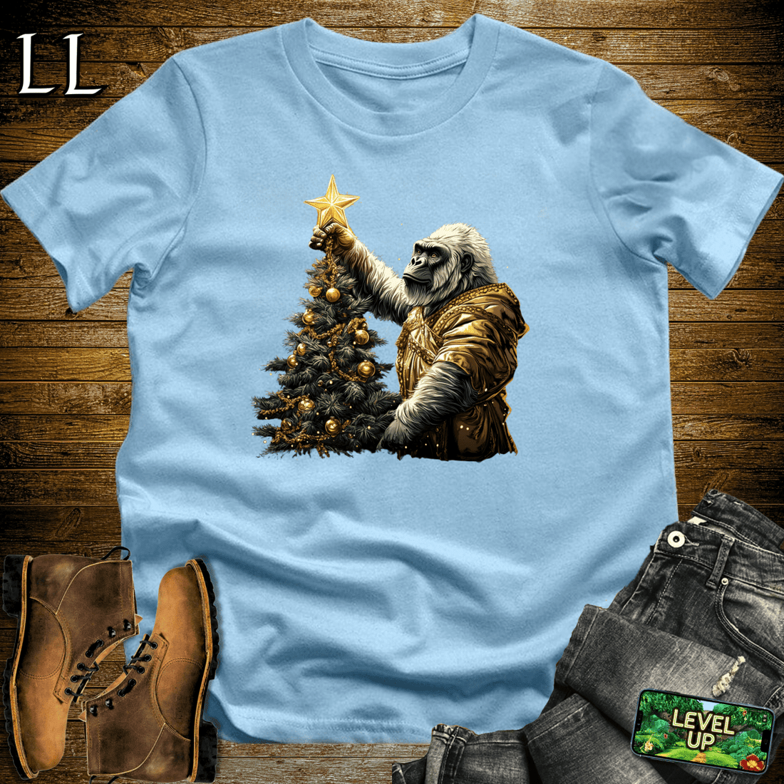 Christmas Star Gorilla Softstyle Tee Light Blue | Holiday Tee