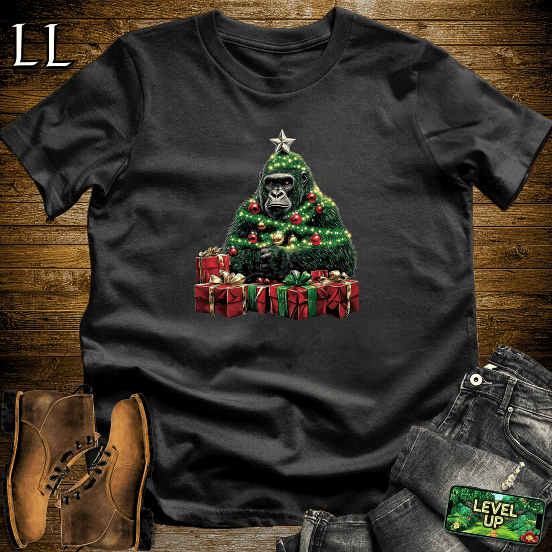 Christmas Tree Gorilla Softstyle Tee Black | Holiday Tee