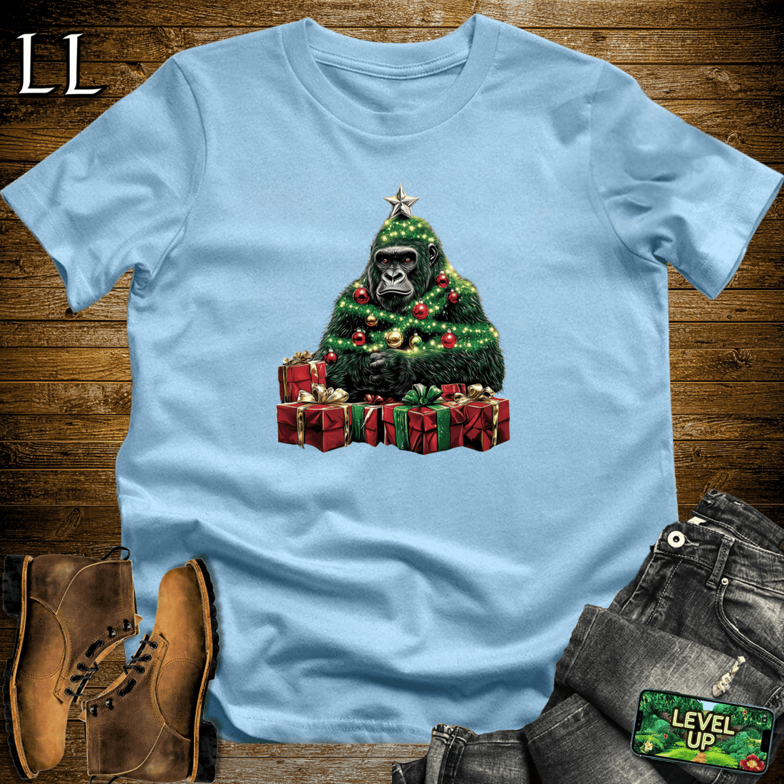 Christmas Tree Gorilla Softstyle Tee Light Blue | Holiday Tee