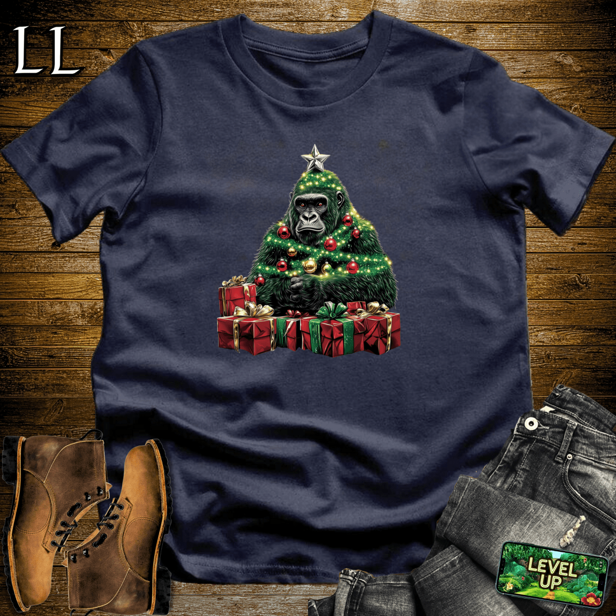 Christmas Tree Gorilla Softstyle Tee Navy | Holiday Tee