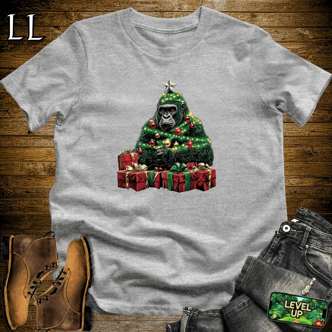 Christmas Tree Gorilla Softstyle Tee Sport Grey | Holiday Tee