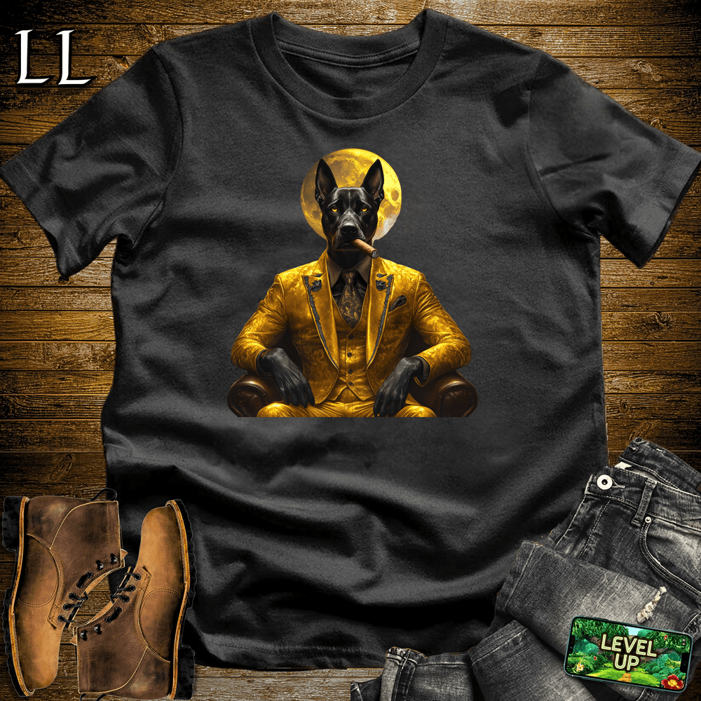 Bold illustrated Doberman smoking a cigar graphic tee in Black — Cigar Doberman by Legacy Layers