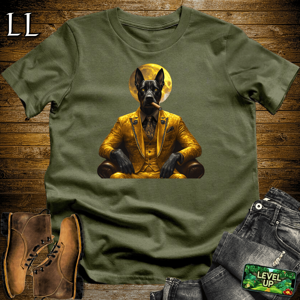 Bold illustrated Doberman smoking a cigar graphic tee in Military Green — Cigar Doberman by Legacy Layers