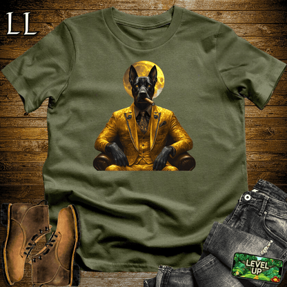 Bold illustrated Doberman smoking a cigar graphic tee in Military Green — Cigar Doberman by Legacy Layers