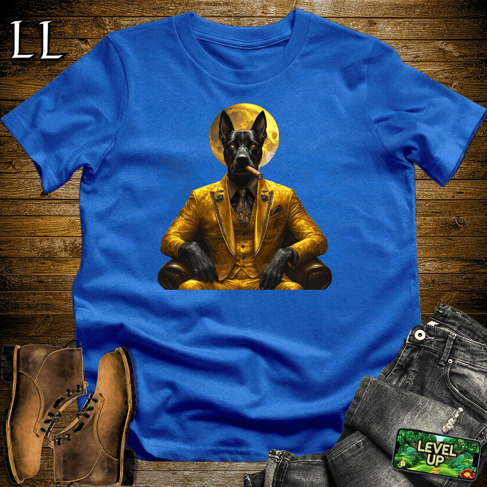 Bold illustrated Doberman smoking a cigar graphic tee in Royal Blue — Cigar Doberman by Legacy Layers