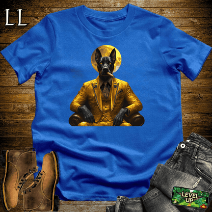 Bold illustrated Doberman smoking a cigar graphic tee in Royal Blue — Cigar Doberman by Legacy Layers