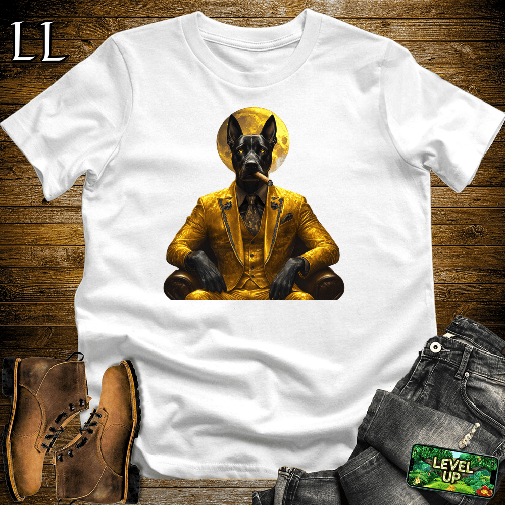 Bold illustrated Doberman smoking a cigar graphic tee in White — Cigar Doberman by Legacy Layers