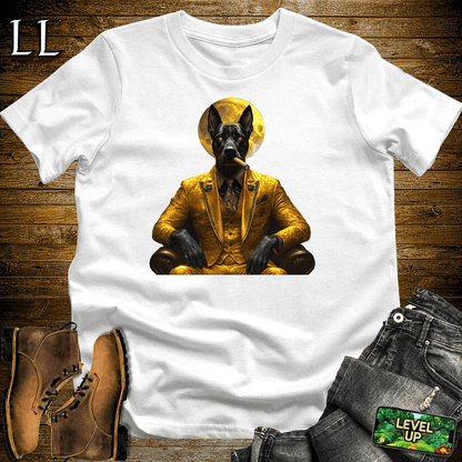 Bold illustrated Doberman smoking a cigar graphic tee in White — Cigar Doberman by Legacy Layers