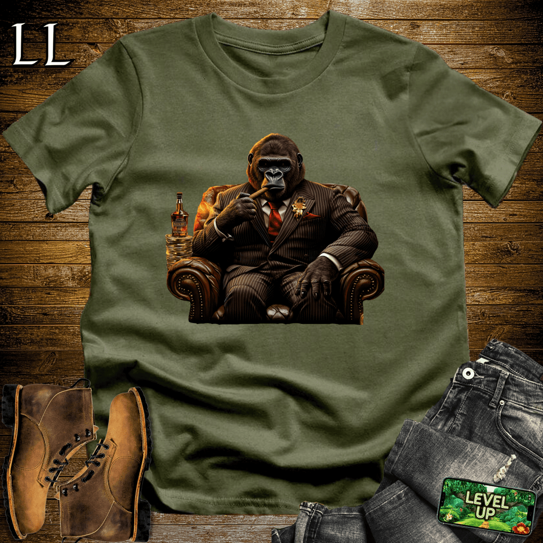 Gorilla in a suit smoking a cigar graphic tee in Military Green — Cigar Gorilla by Legacy Layers