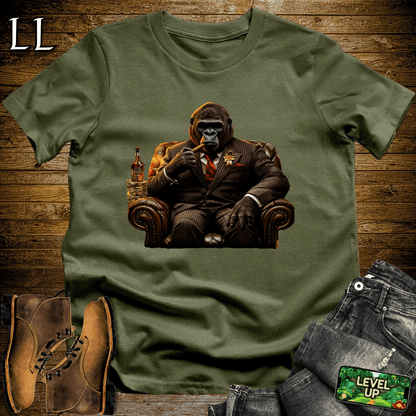 Gorilla in a suit smoking a cigar graphic tee in Military Green — Cigar Gorilla by Legacy Layers