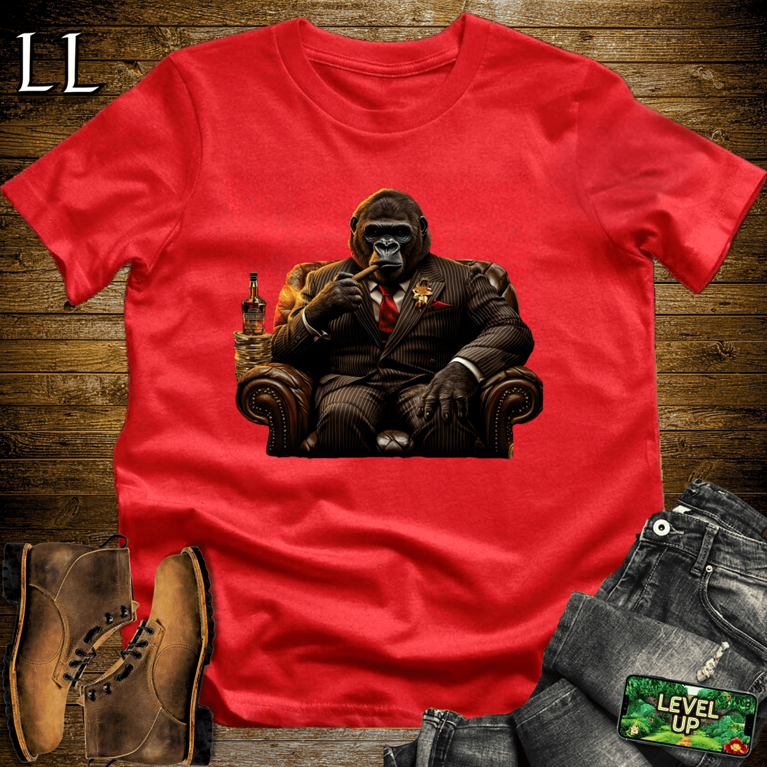 Gorilla in a suit smoking a cigar graphic tee in Red — Cigar Gorilla by Legacy Layers