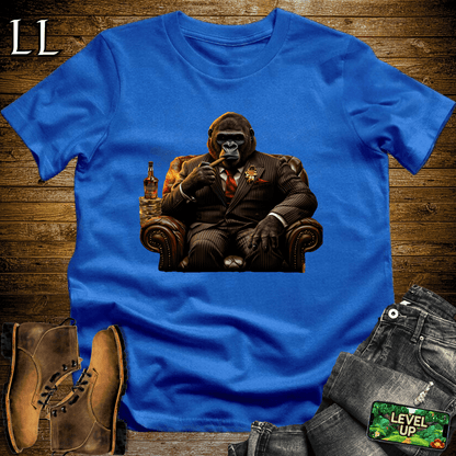 Gorilla in a suit smoking a cigar graphic tee in Royal Blue — Cigar Gorilla by Legacy Layers