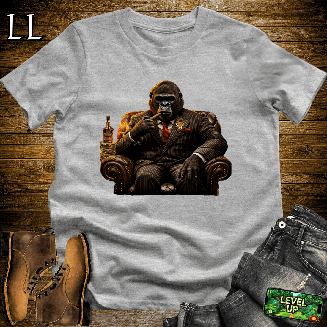 Gorilla in a suit smoking a cigar graphic tee in Sport Grey — Cigar Gorilla by Legacy Layers