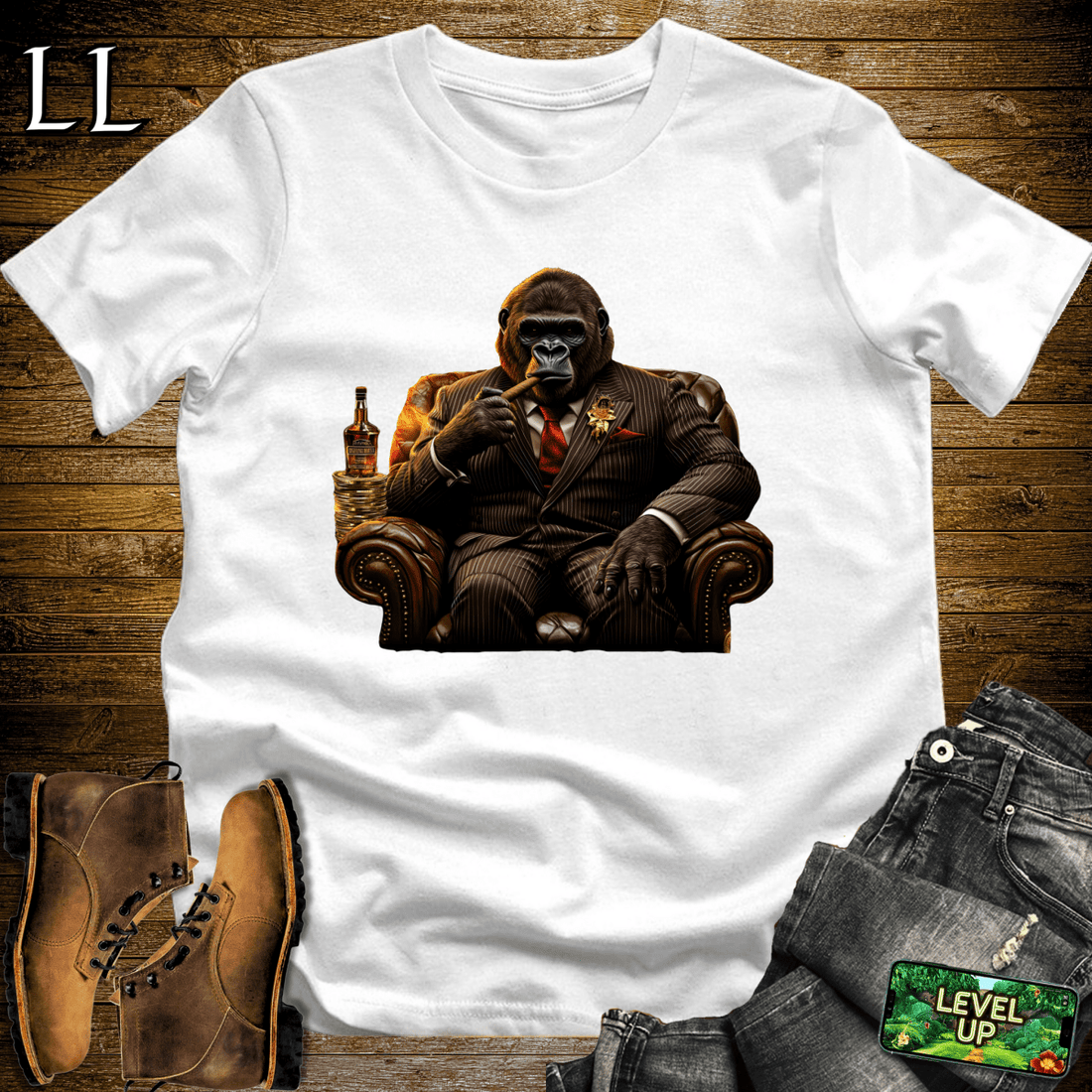 Gorilla in a suit smoking a cigar graphic tee in White — Cigar Gorilla by Legacy Layers