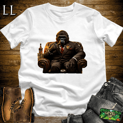 Gorilla in a suit smoking a cigar graphic tee in White — Cigar Gorilla by Legacy Layers