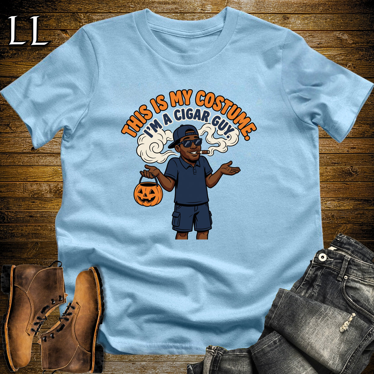 Cigar Guy Costume Trick-or-Treat Bucket Black Man T-Shirt Light Blue | Funny Halloween Cigar Shirt