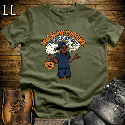 Cigar Guy Costume Trick-or-Treat Bucket Black Man T-Shirt Military Green | Funny Halloween Cigar Shirt