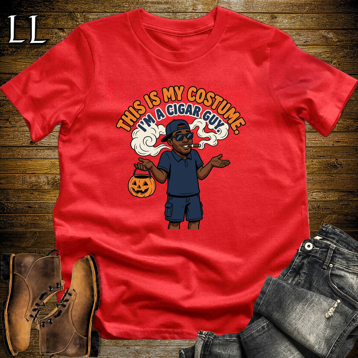 Cigar Guy Costume Trick-or-Treat Bucket Black Man T-Shirt Red | Funny Halloween Cigar Shirt