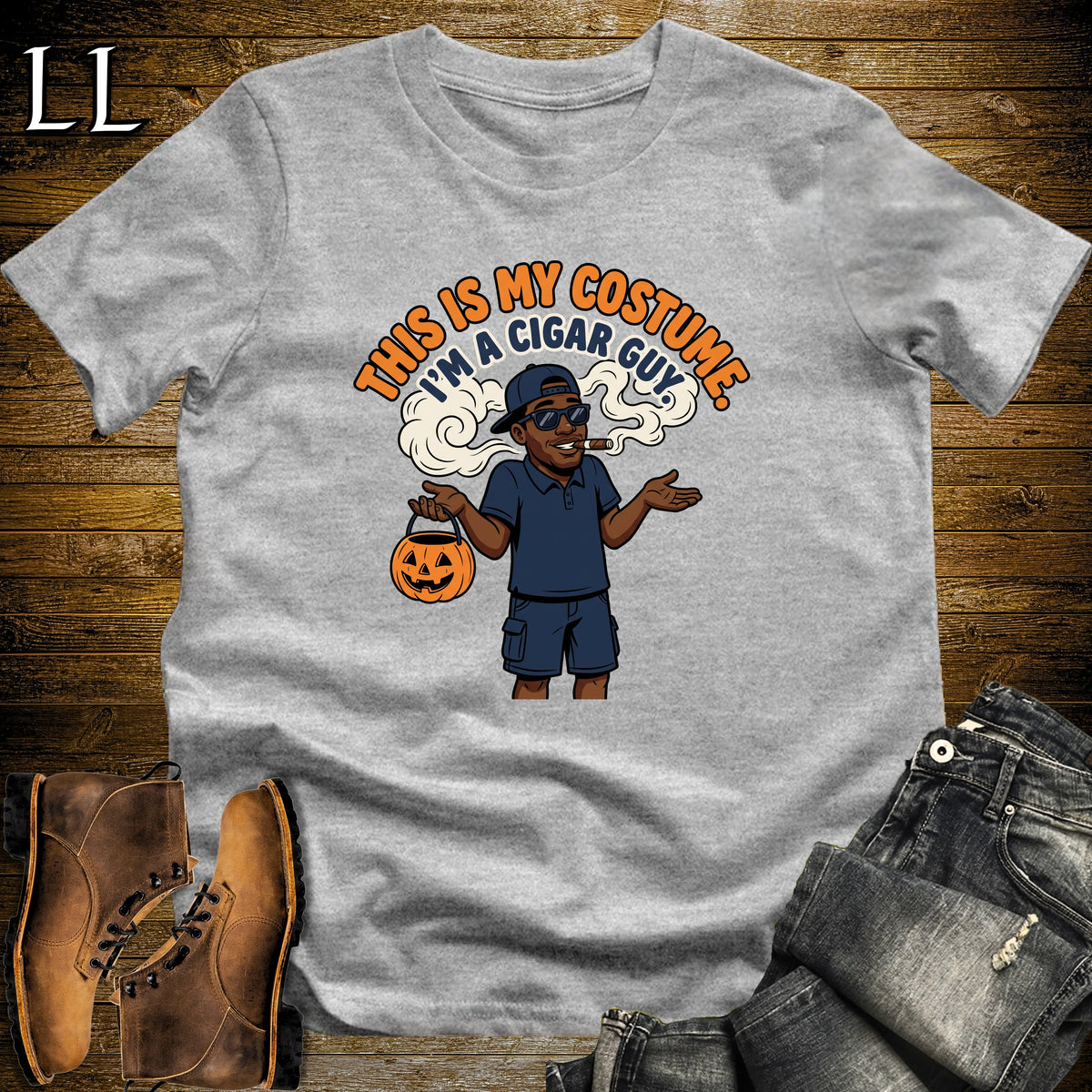 Cigar Guy Costume Trick-or-Treat Bucket Black Man T-Shirt Sport Grey | Funny Halloween Cigar Shirt