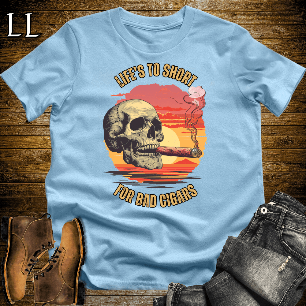 "Life's Too Short" cigar quote graphic tee in Light Blue — Cigar Lifes To Short by Legacy Layers