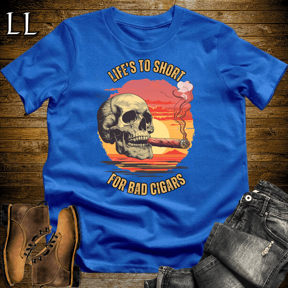"Life's Too Short" cigar quote graphic tee in Royal Blue — Cigar Lifes To Short by Legacy Layers
