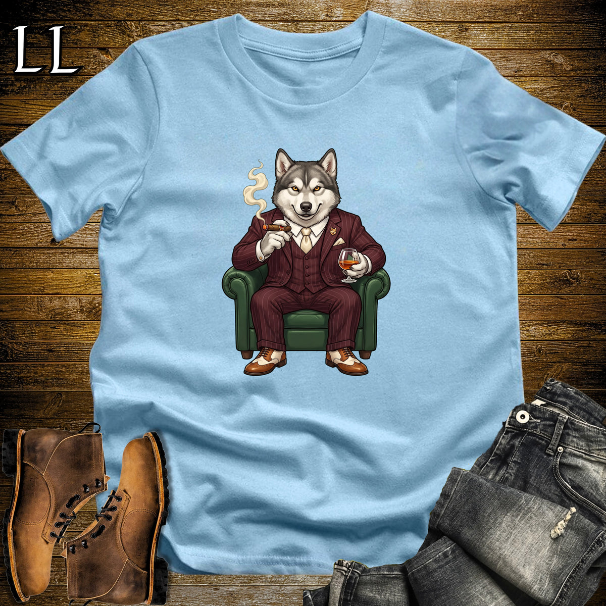 Cigar Lounge Alaskan Malamute T-Shirt Light Blue | Dog Cigar Gift