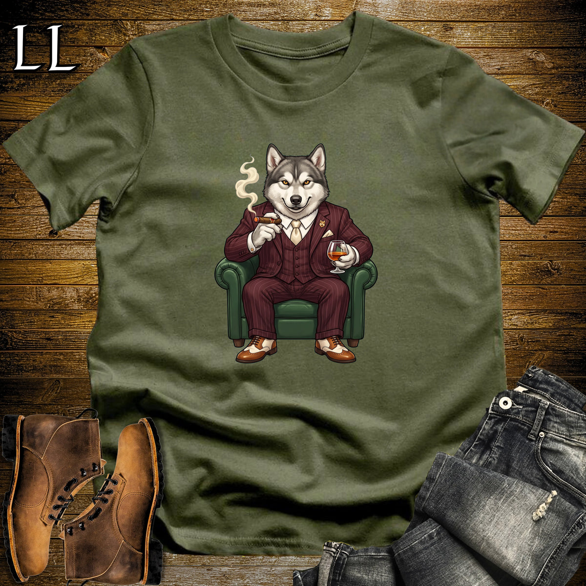 Cigar Lounge Alaskan Malamute T-Shirt Military Green | Dog Cigar Gift