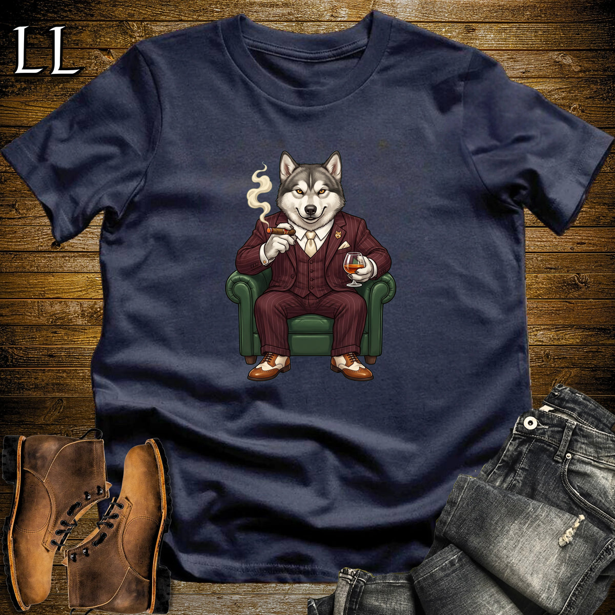 Cigar Lounge Alaskan Malamute T-Shirt Navy | Dog Cigar Gift